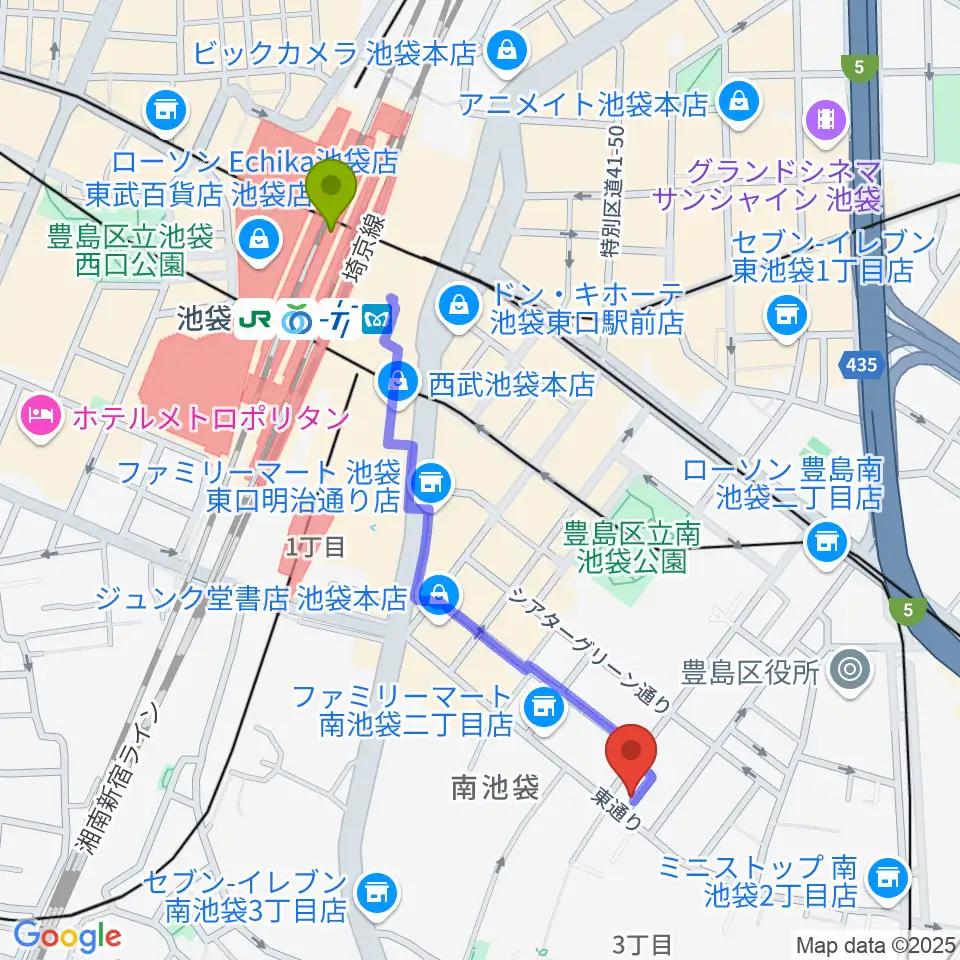 池袋駅からカワイ池袋ショップへのルートマップ地図