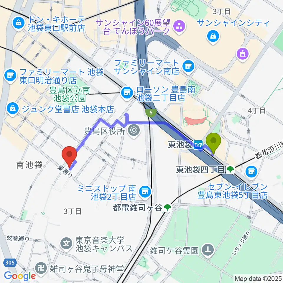 東池袋駅からカワイ池袋ショップへのルートマップ地図