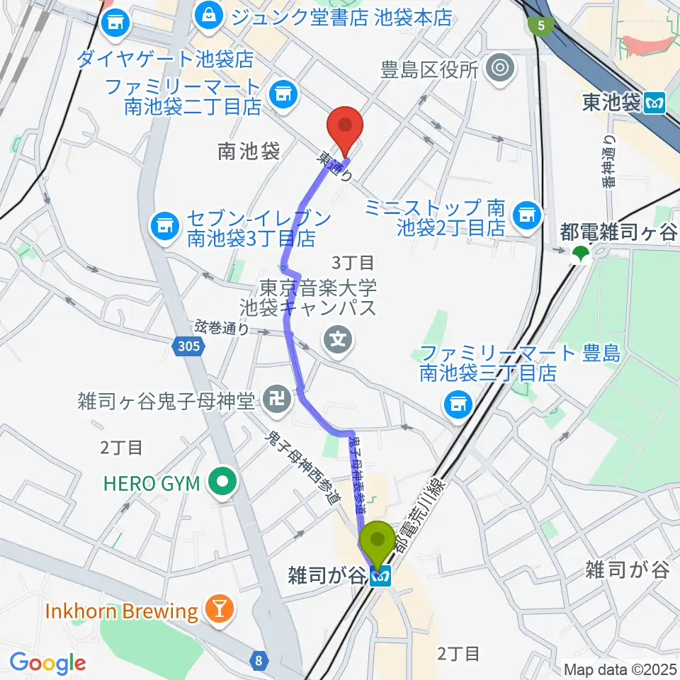 雑司が谷駅からカワイ池袋ショップへのルートマップ地図
