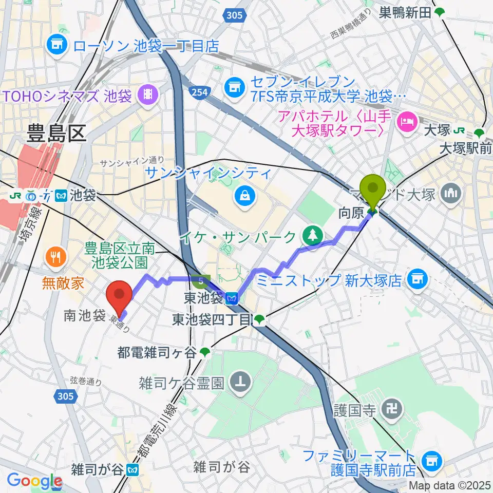 向原駅からカワイ池袋ショップへのルートマップ地図