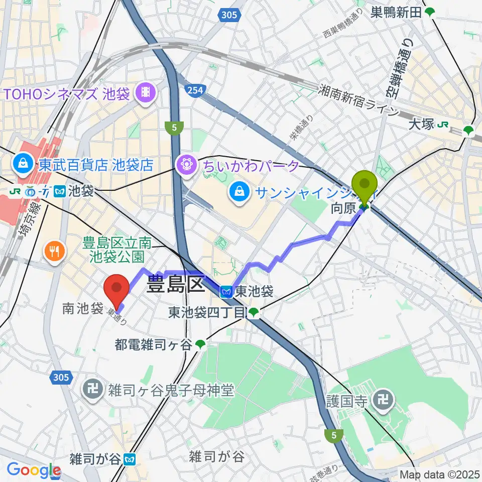 向原駅からカワイ池袋ショップへのルートマップ地図