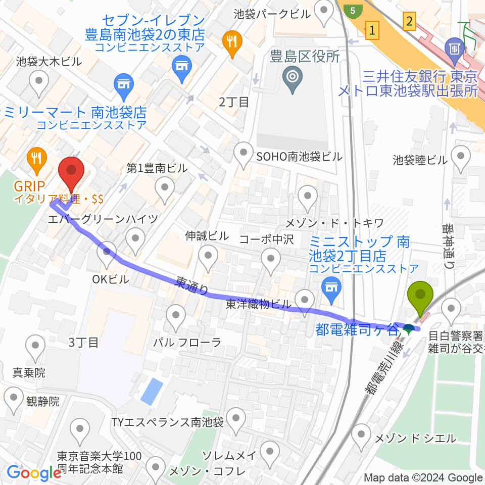 カワイ池袋ショップの最寄駅都電雑司ヶ谷駅からの徒歩ルート（約6分）地図