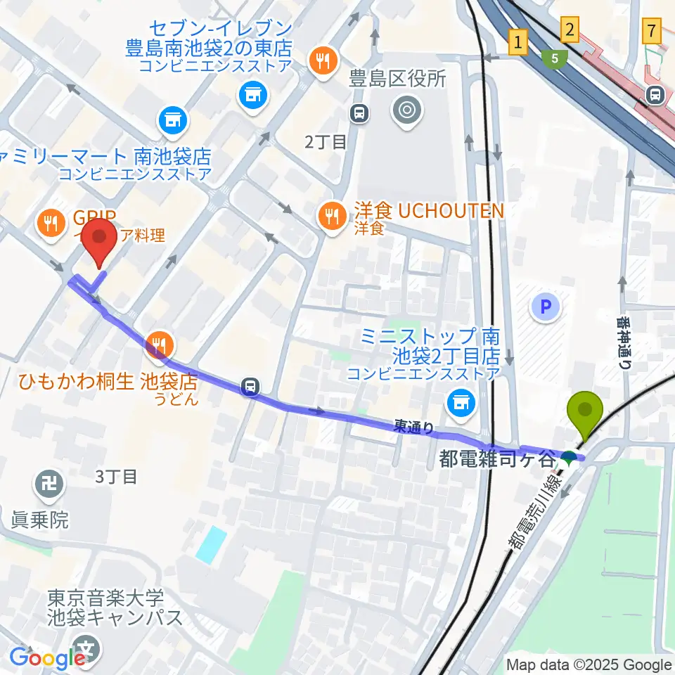 カワイ池袋ショップの最寄駅都電雑司ヶ谷駅からの徒歩ルート（約6分）地図
