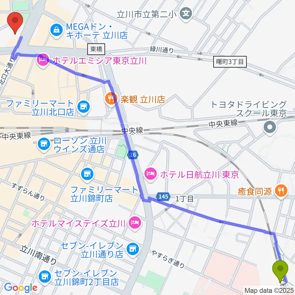 西国立駅からカワイ立川センターへのルートマップ地図