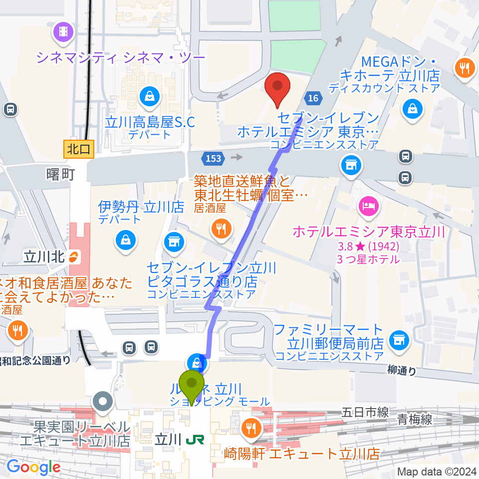 立川駅からカワイ立川センターへのルートマップ地図