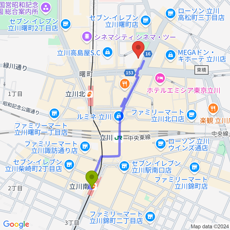 立川南駅からカワイ立川センターへのルートマップ地図