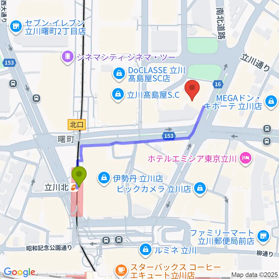 カワイ立川センターの最寄駅立川北駅からの徒歩ルート（約4分）地図