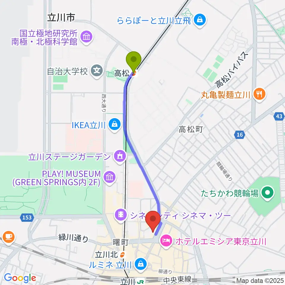 高松駅からカワイ立川センターへのルートマップ地図