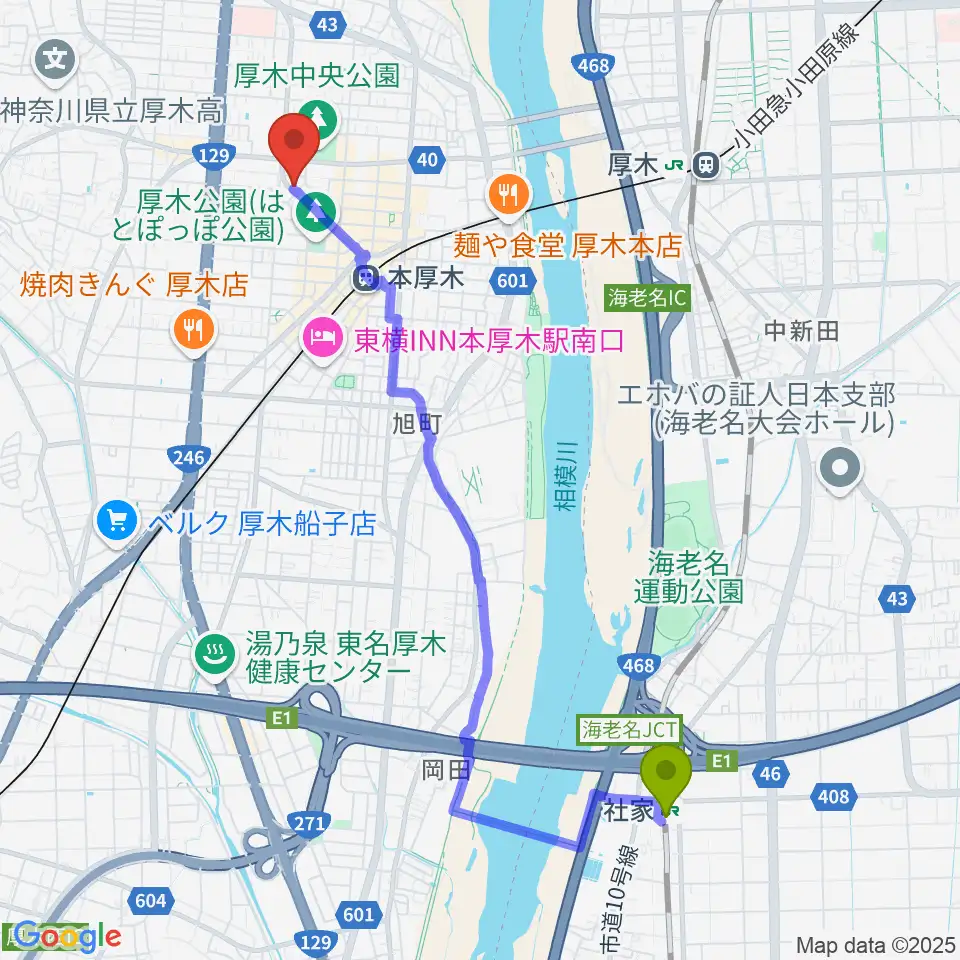 社家駅からカワイ厚木ショップへのルートマップ地図