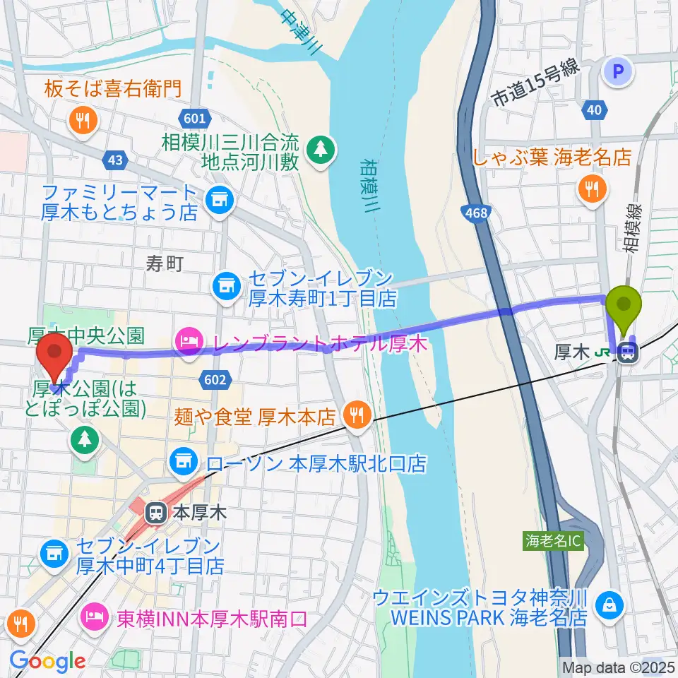 厚木駅からカワイ厚木ショップへのルートマップ地図