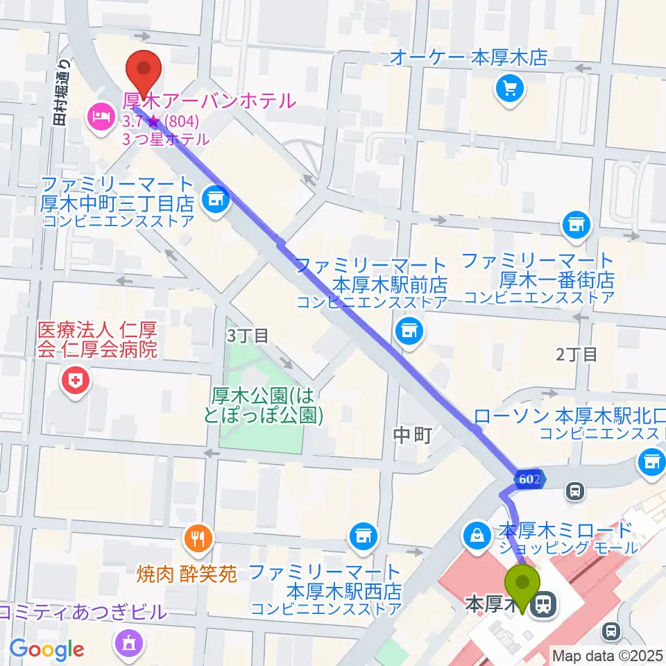 カワイ厚木ショップの最寄駅本厚木駅からの徒歩ルート（約7分）地図