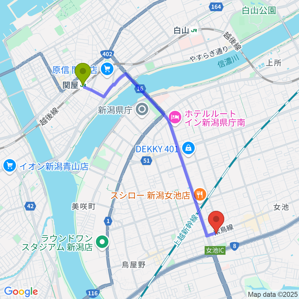 カワイ新潟ショップの最寄駅関屋駅からの徒歩ルート（約40分）地図