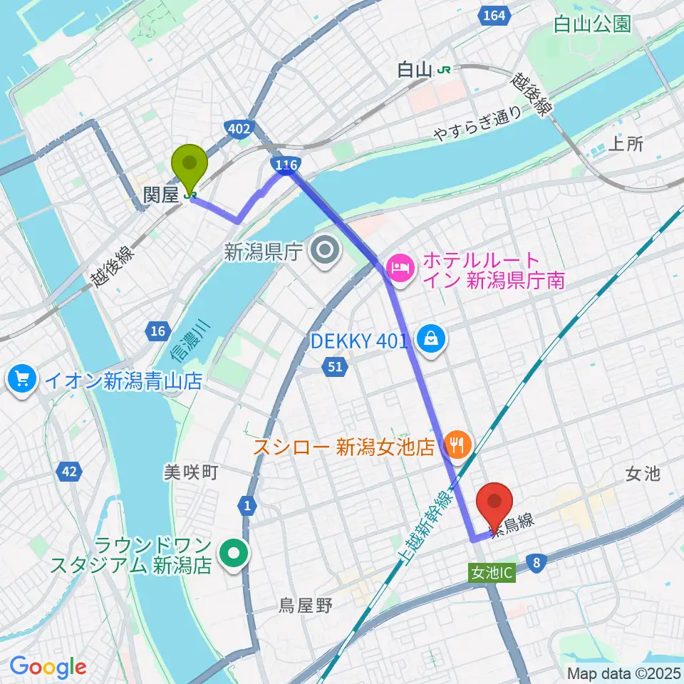カワイ新潟ショップの最寄駅関屋駅からの徒歩ルート（約40分）地図
