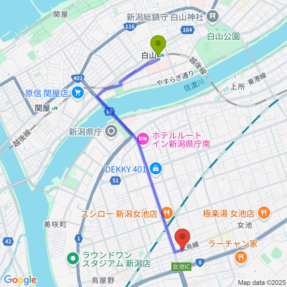 白山駅からカワイ新潟ショップへのルートマップ地図