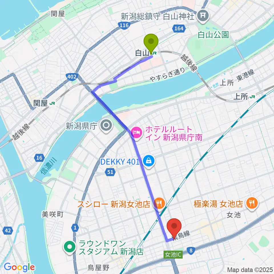 白山駅からカワイ新潟ショップへのルートマップ地図