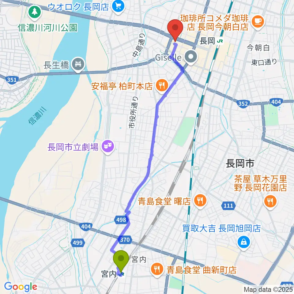 宮内駅からカワイ長岡ショップへのルートマップ地図