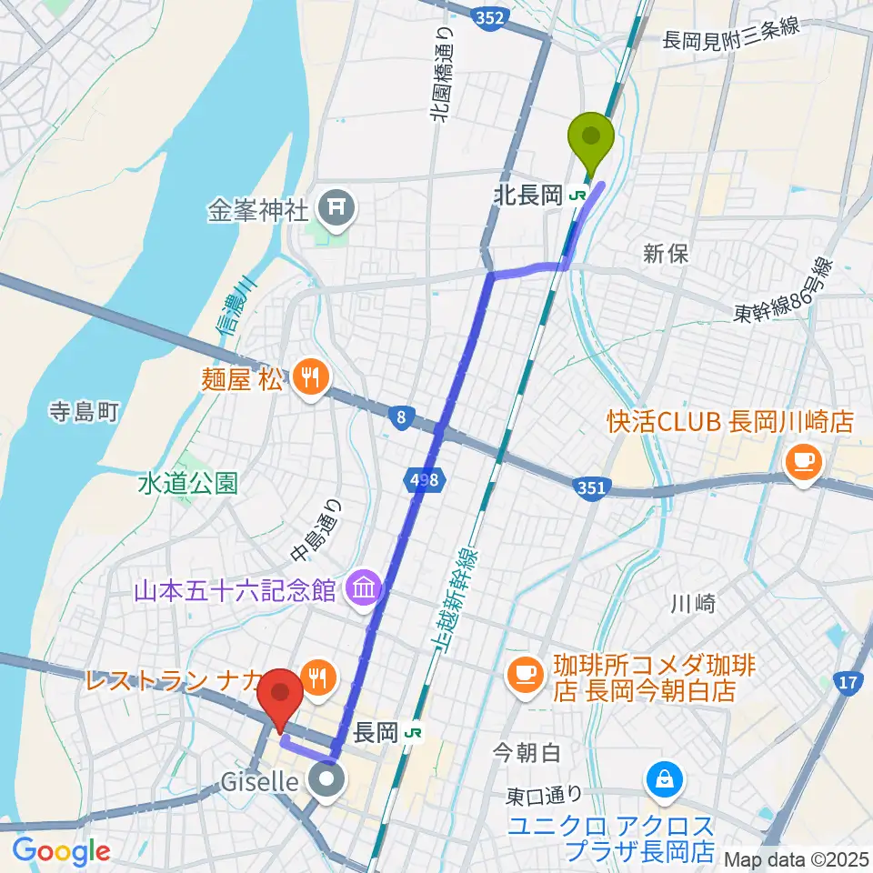 北長岡駅からカワイ長岡ショップへのルートマップ地図