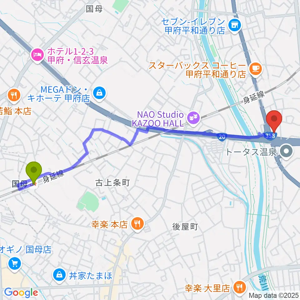 国母駅からカワイ甲府ショップへのルートマップ地図