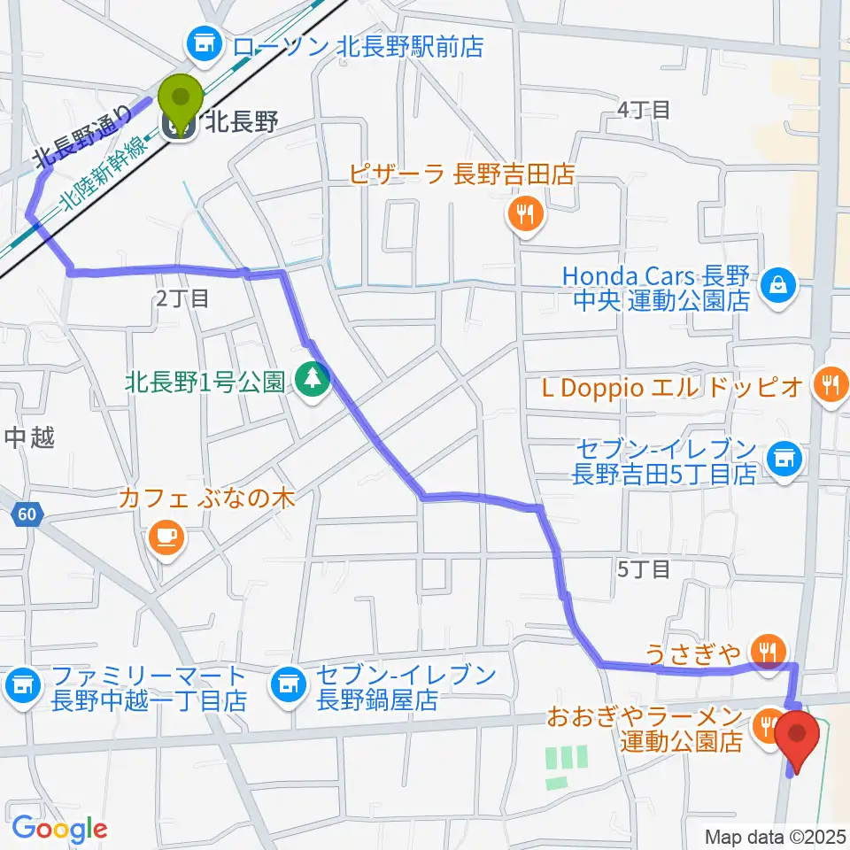 カワイ長野ショップの最寄駅北長野駅からの徒歩ルート（約16分）地図