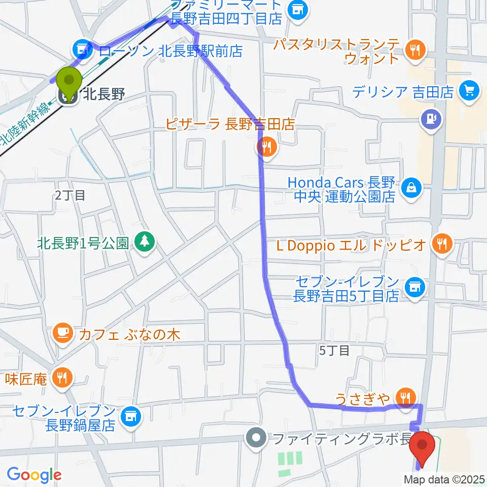 カワイ長野ショップの最寄駅北長野駅からの徒歩ルート（約16分）地図
