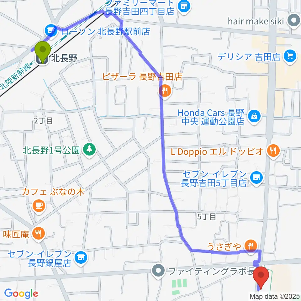 カワイ長野ショップの最寄駅北長野駅からの徒歩ルート（約16分）地図