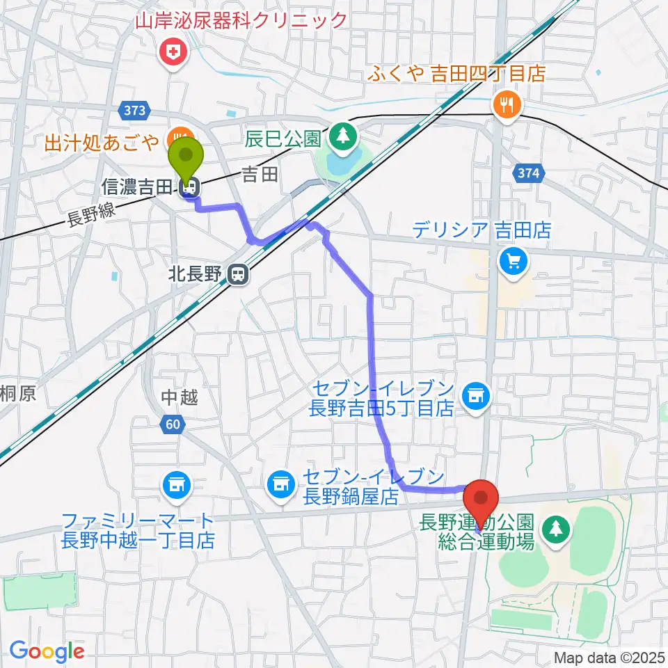 信濃吉田駅からカワイ長野ショップへのルートマップ地図