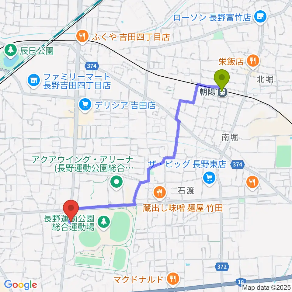 朝陽駅からカワイ長野ショップへのルートマップ地図