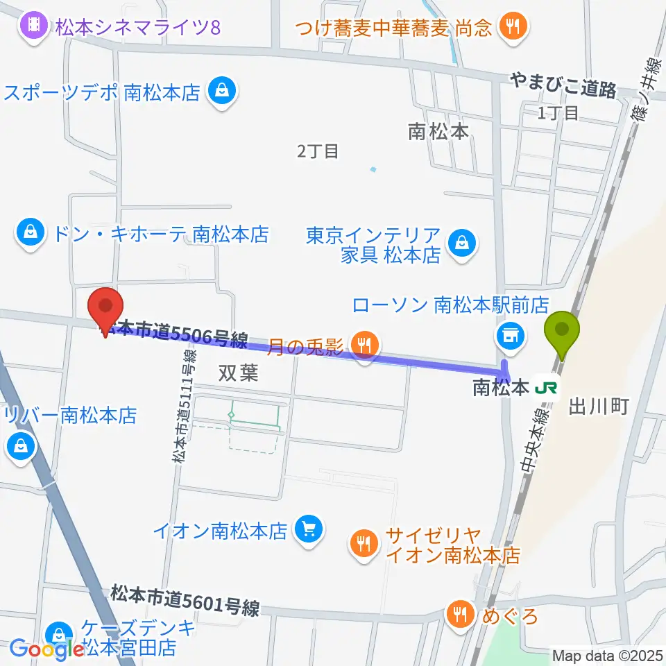 カワイ松本ショップの最寄駅南松本駅からの徒歩ルート（約11分）地図