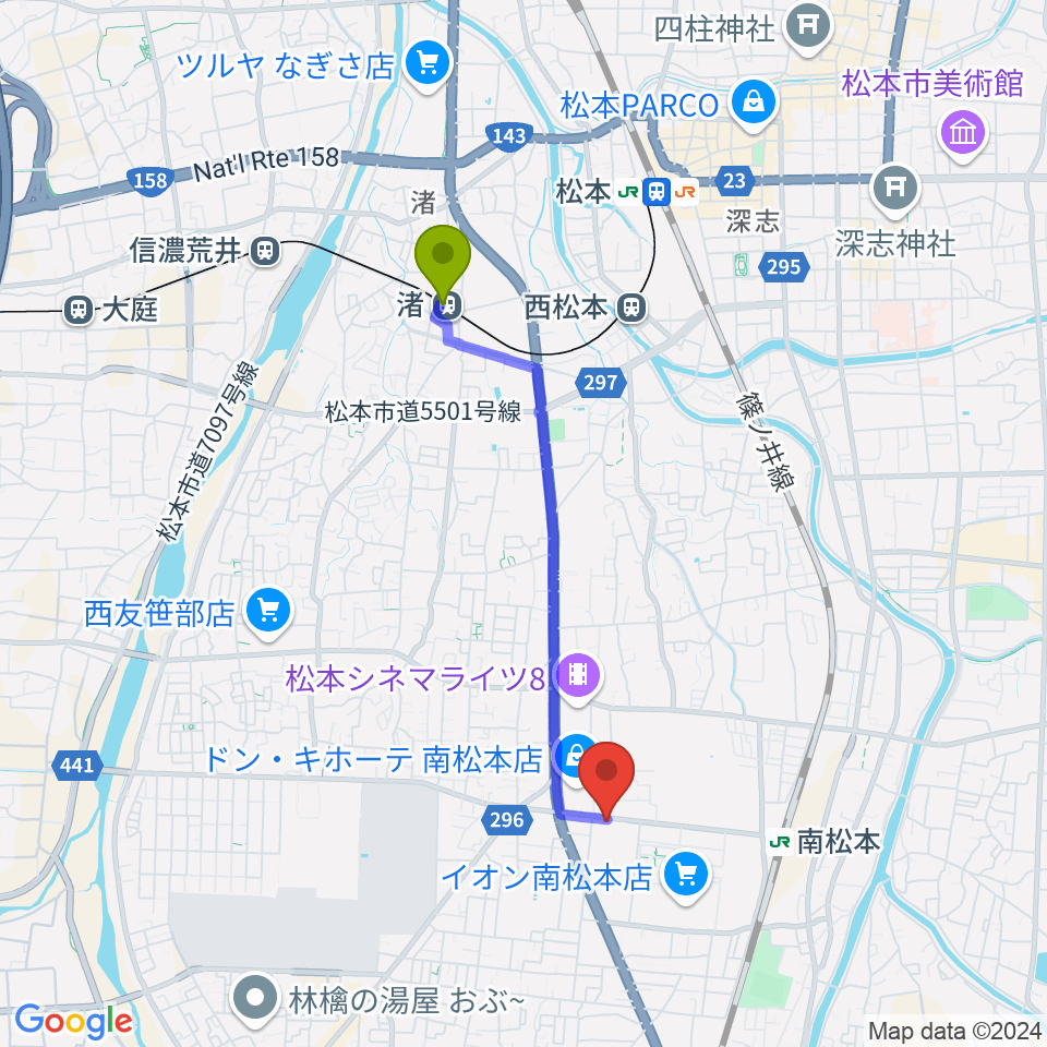 渚駅からカワイ松本ショップへのルートマップ地図