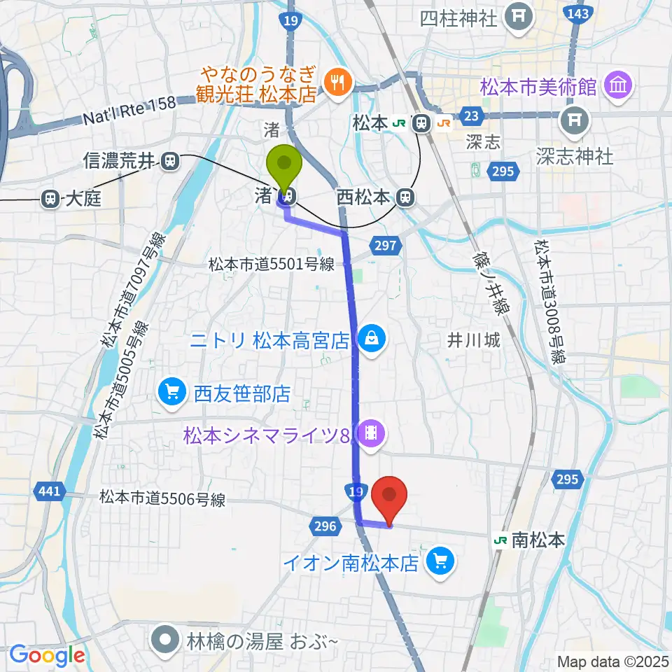 渚駅からカワイ松本ショップへのルートマップ地図