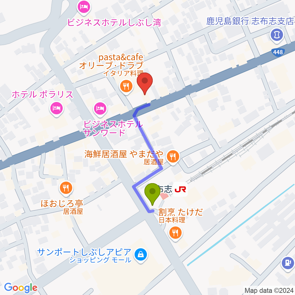 島津楽器スタジオの最寄駅志布志駅からの徒歩ルート（約3分）地図