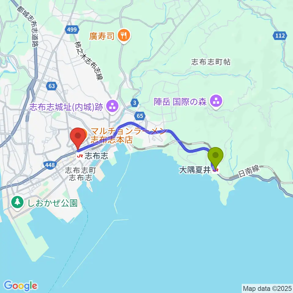 大隅夏井駅から志布志 島津キュレオホールへのルートマップ地図
