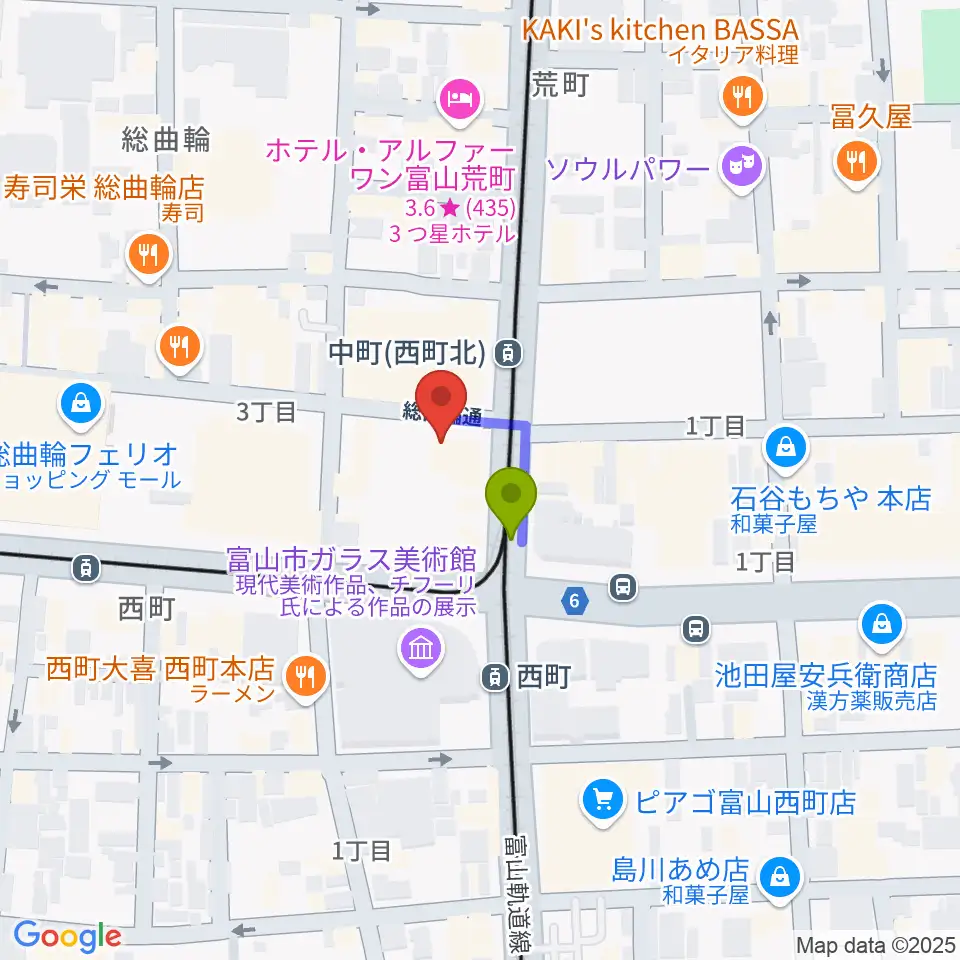 カワイ富山ショップの最寄駅西町駅からの徒歩ルート（約1分）地図
