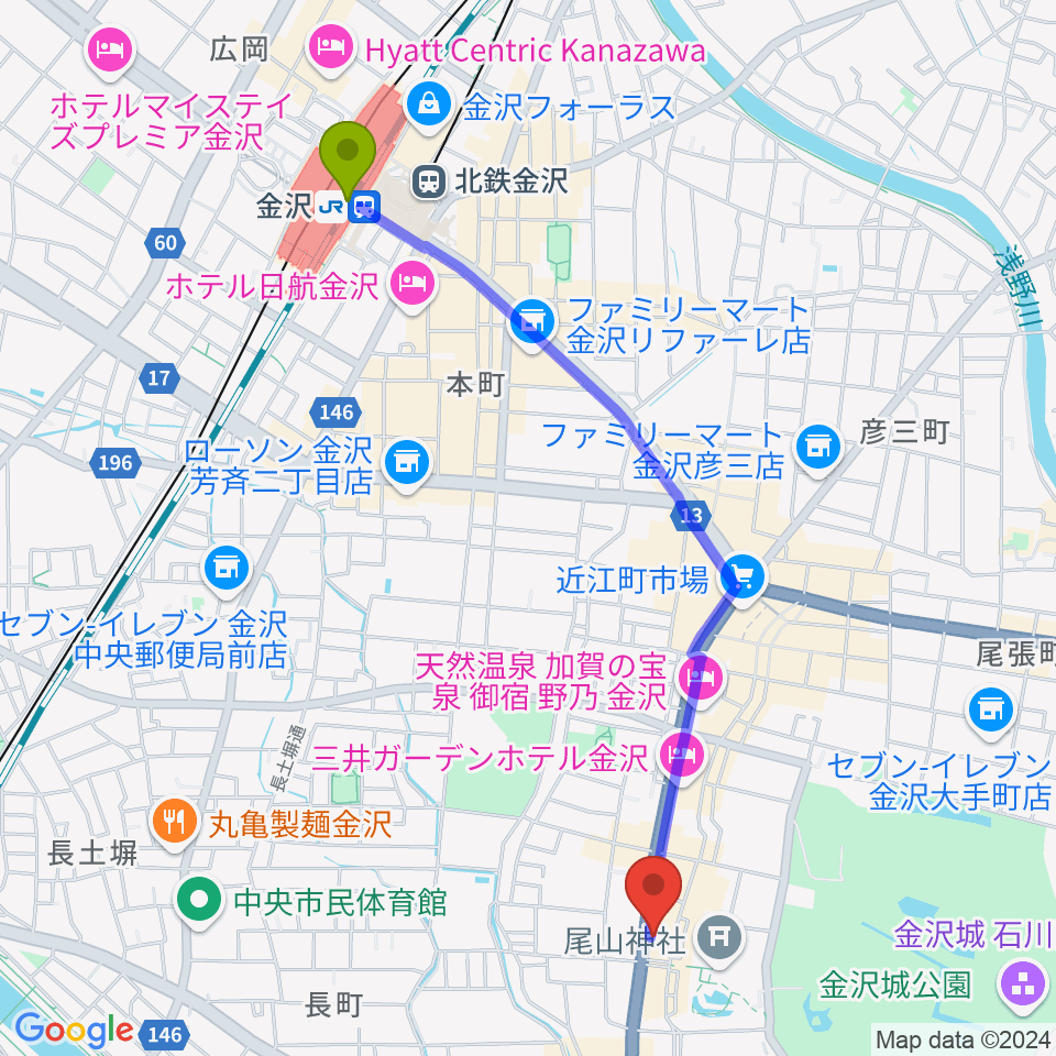 カワイ金沢ショップの最寄駅金沢駅からの徒歩ルート（約23分）地図