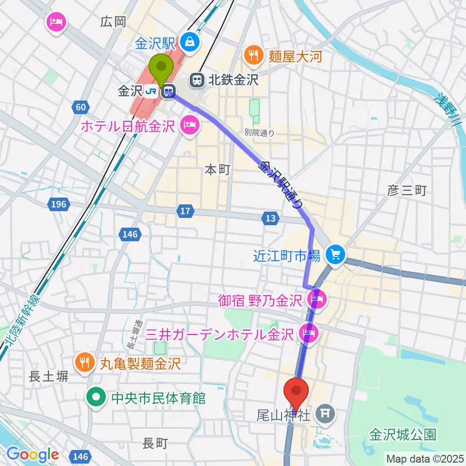 カワイ金沢ショップの最寄駅金沢駅からの徒歩ルート（約23分）地図