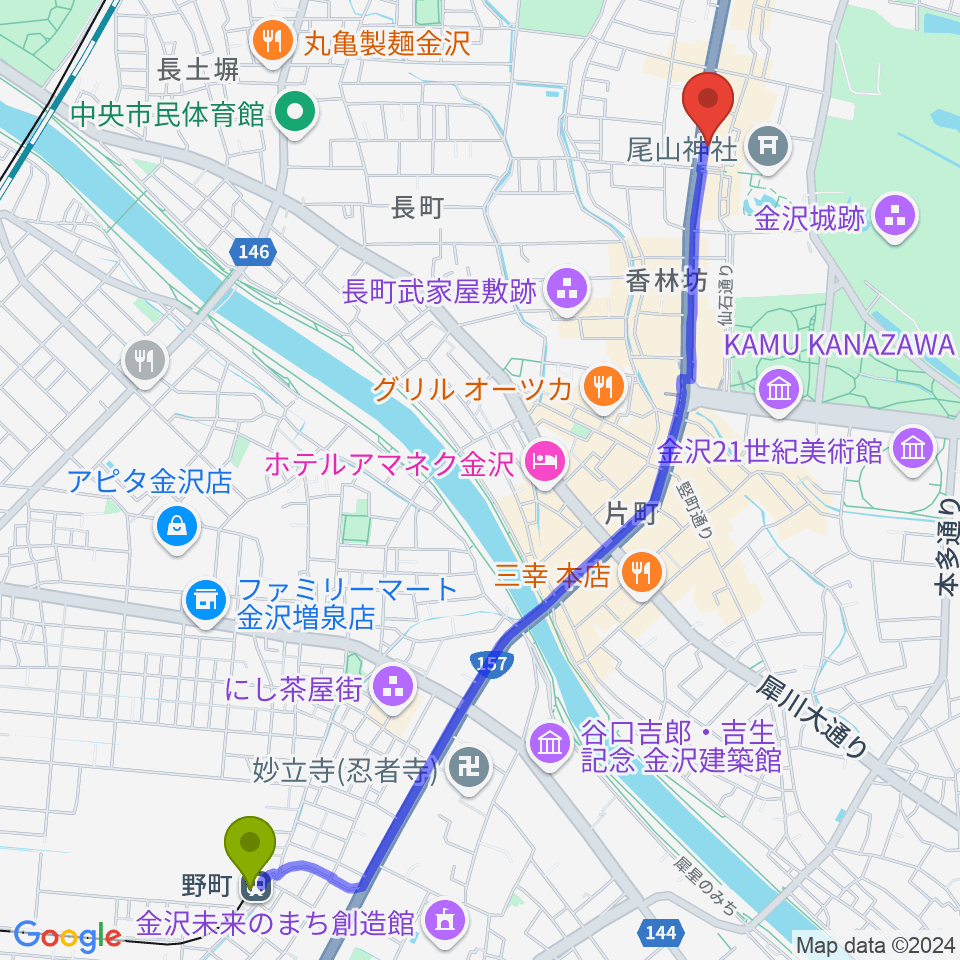 野町駅からカワイ金沢ショップへのルートマップ地図