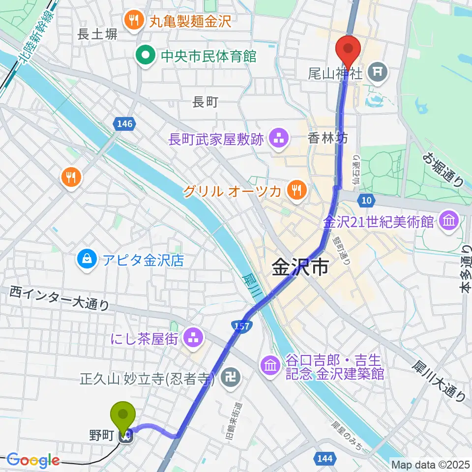 野町駅からカワイ金沢ショップへのルートマップ地図