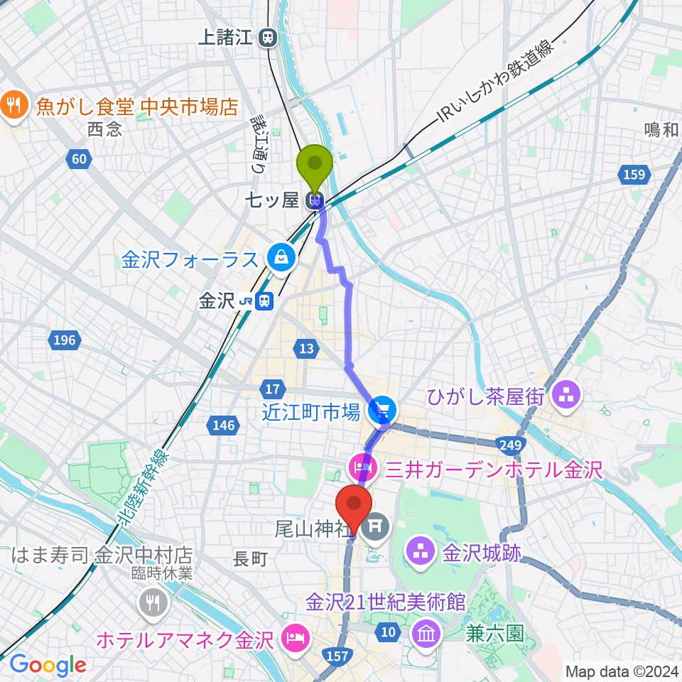 七ツ屋駅からカワイ金沢ショップへのルートマップ地図