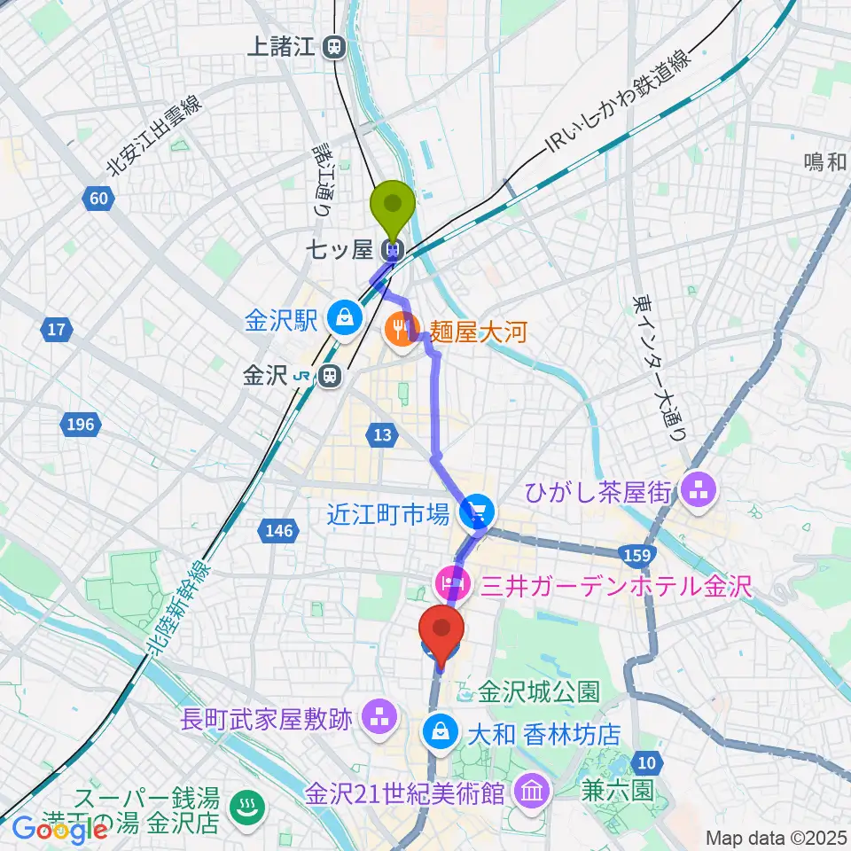 七ツ屋駅からカワイ金沢ショップへのルートマップ地図