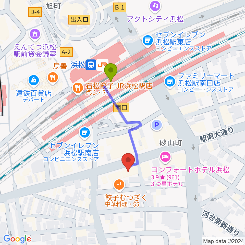 カワイ浜松の最寄駅浜松駅からの徒歩ルート（約3分）地図