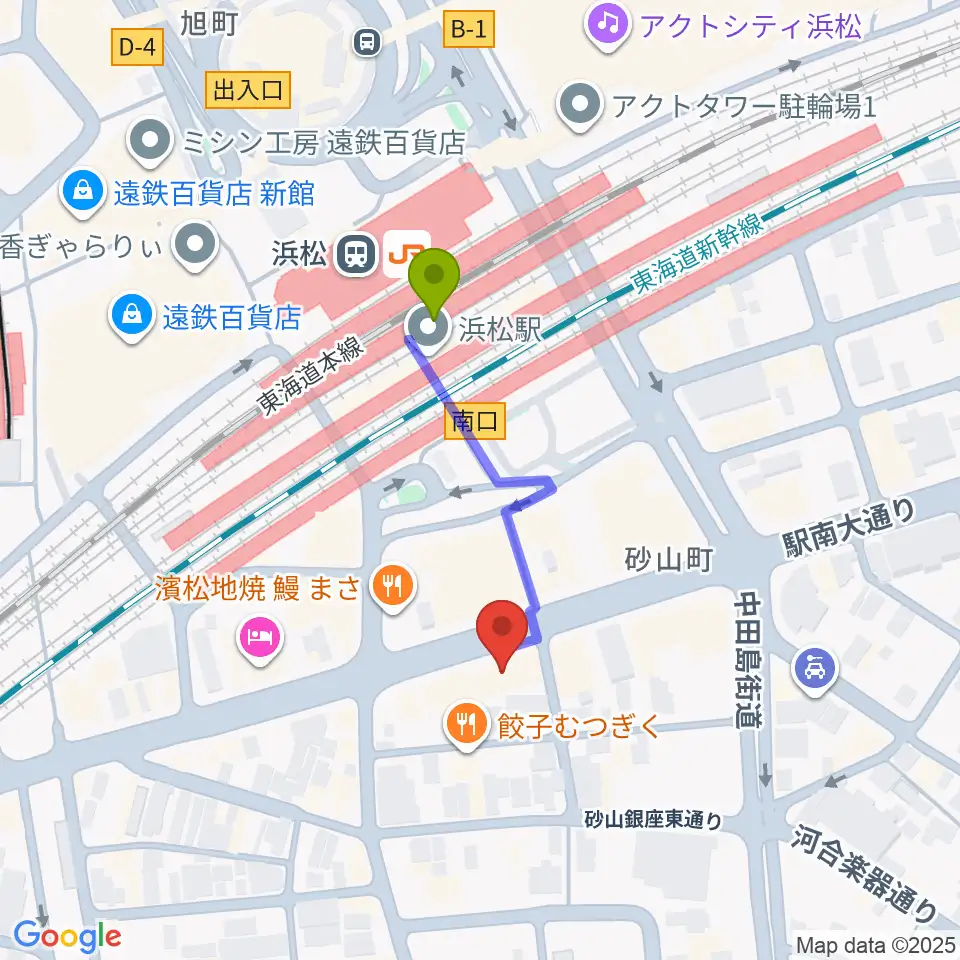 カワイ浜松の最寄駅浜松駅からの徒歩ルート（約3分）地図