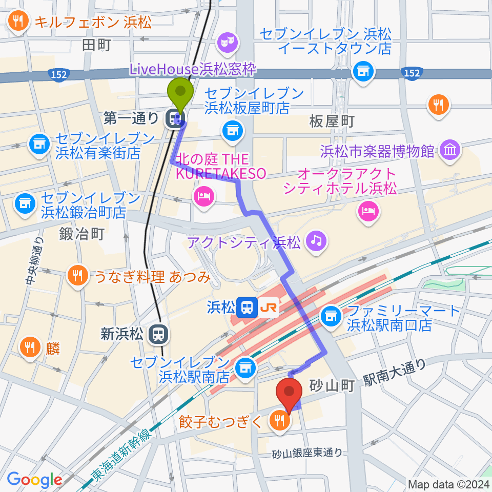 第一通り駅からカワイ浜松へのルートマップ地図