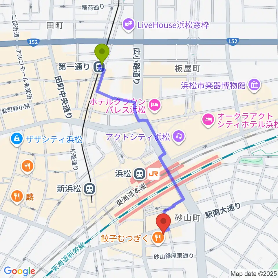 第一通り駅からカワイ浜松へのルートマップ地図