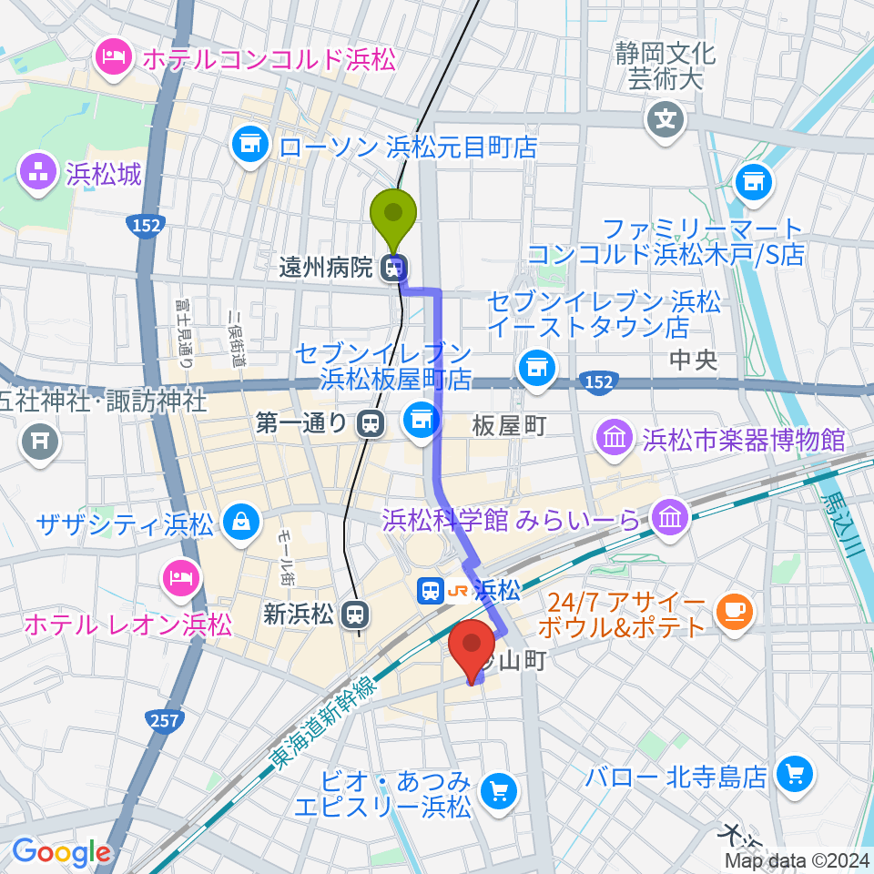 遠州病院駅からカワイ浜松へのルートマップ地図