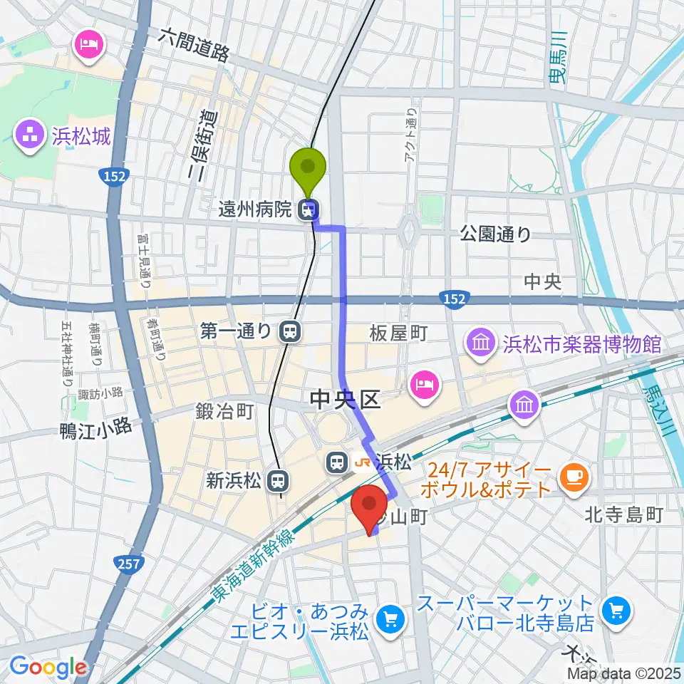 遠州病院駅からカワイ浜松へのルートマップ地図