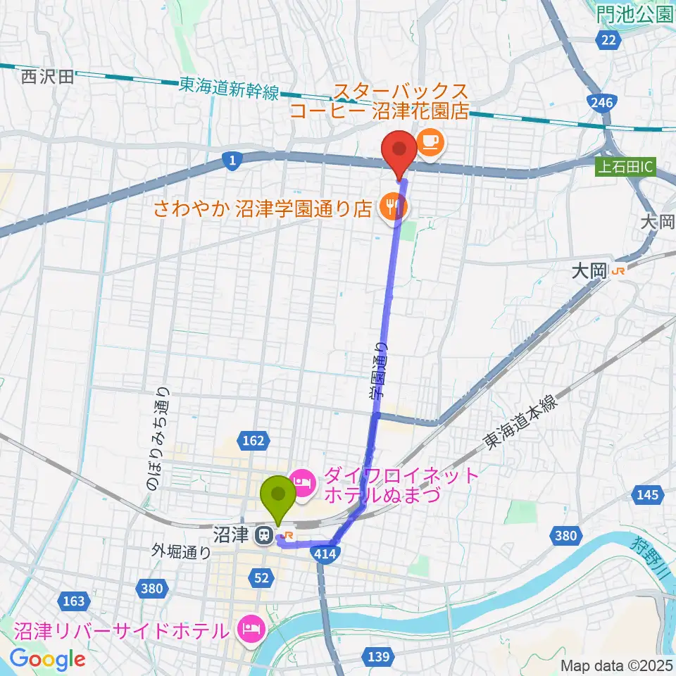 沼津駅からカワイ沼津ショップへのルートマップ地図