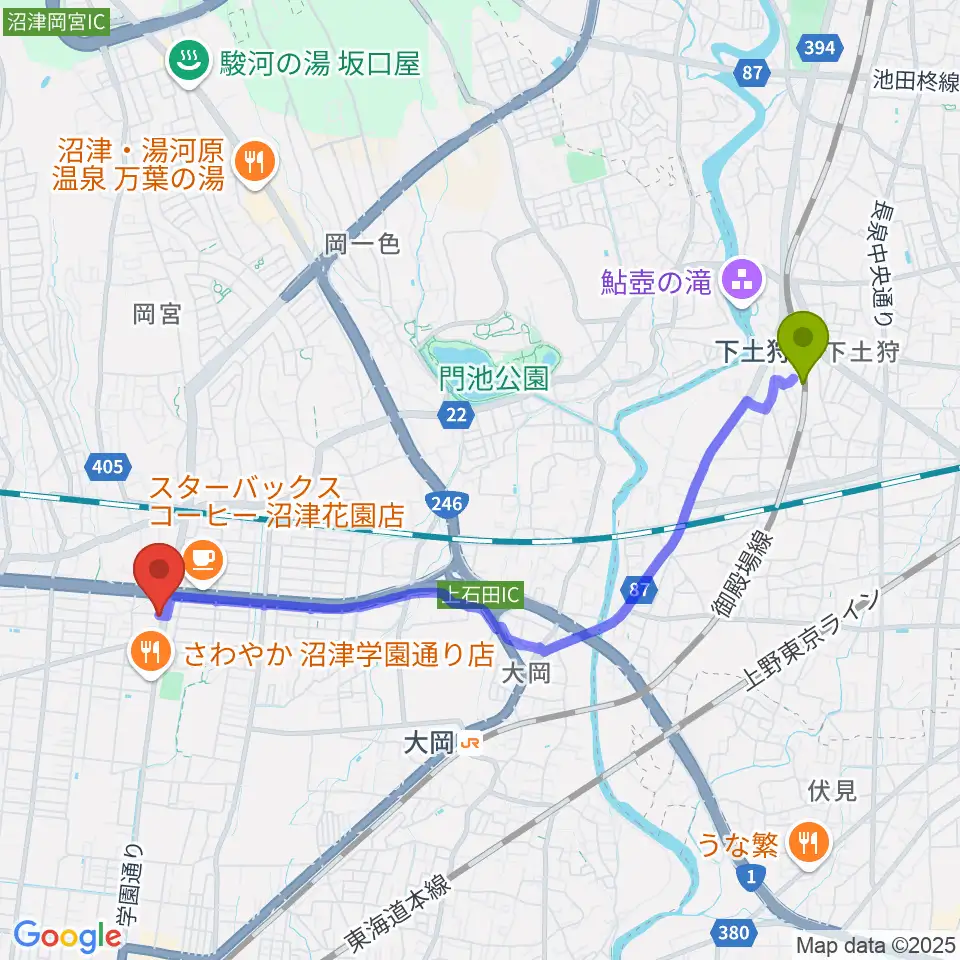 下土狩駅からカワイ沼津ショップへのルートマップ地図