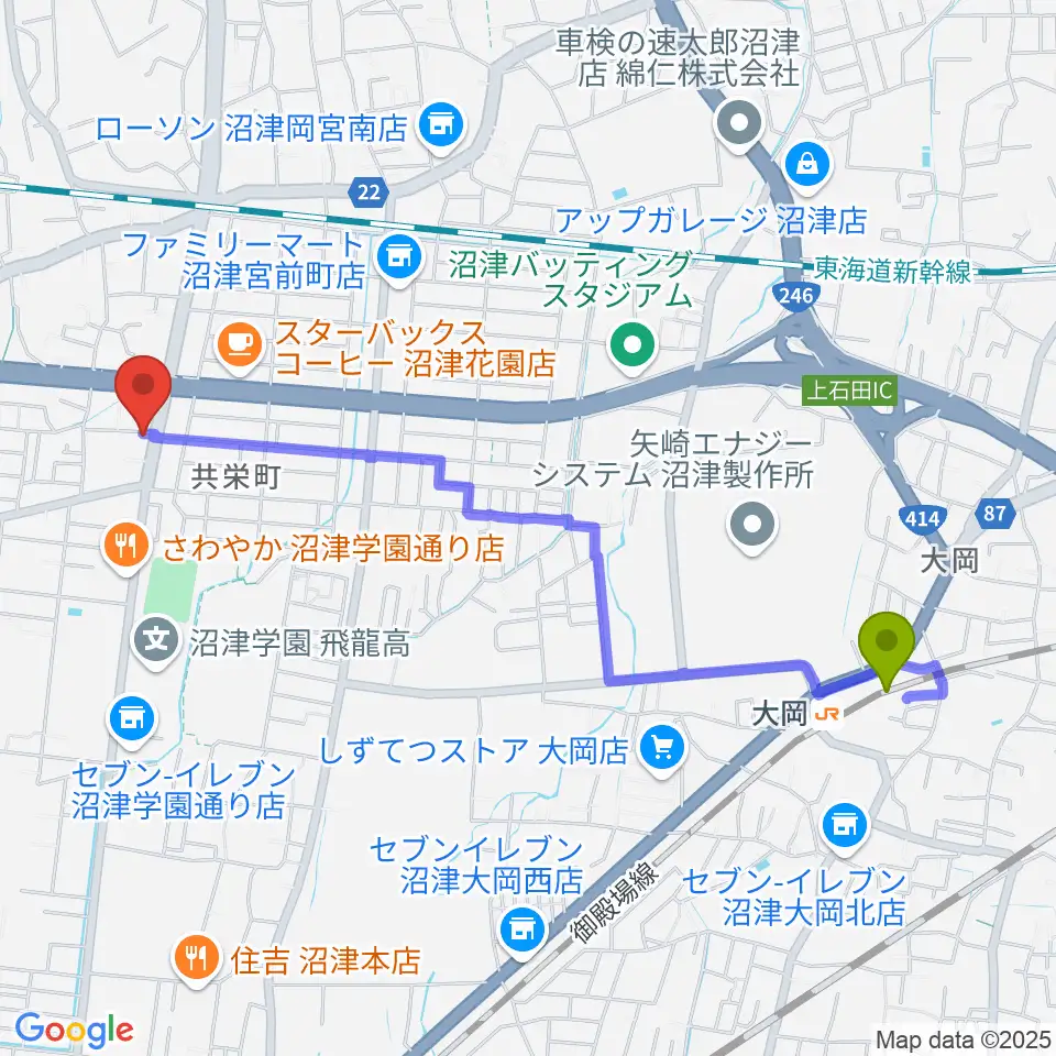 カワイ沼津ショップの最寄駅大岡駅からの徒歩ルート（約23分）地図