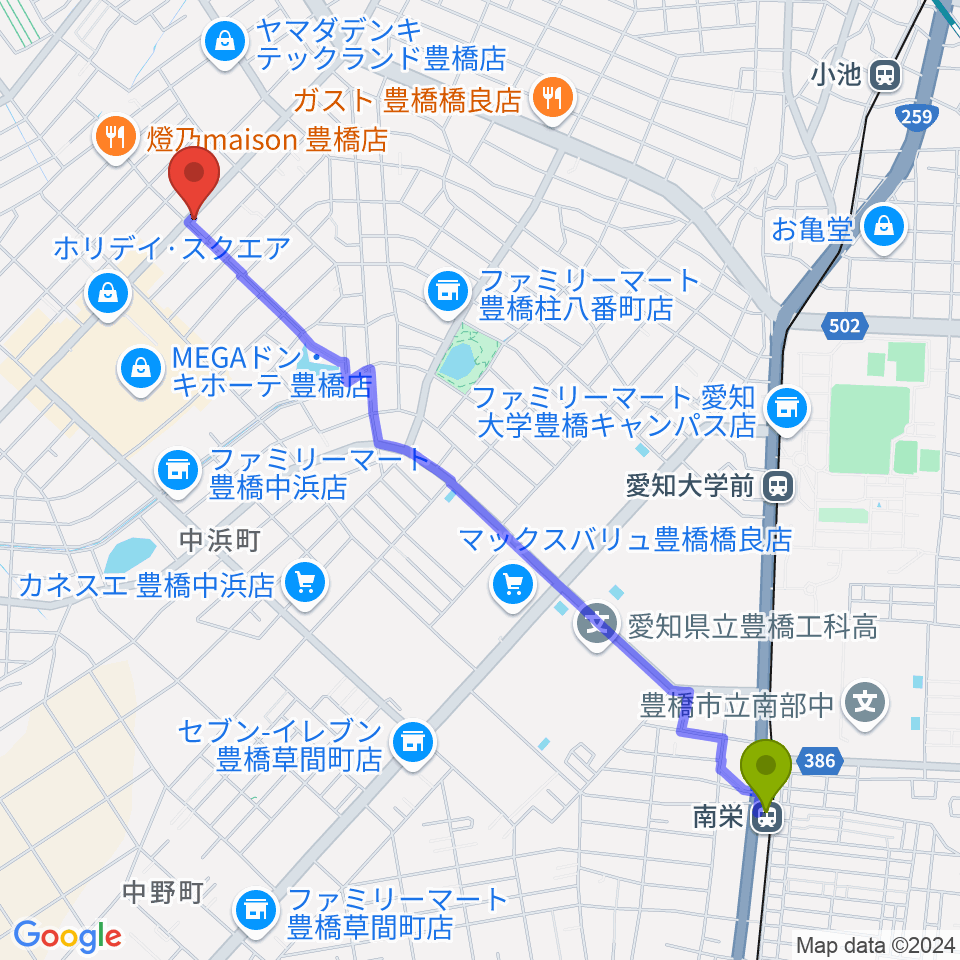 南栄駅からカワイ豊橋ショップへのルートマップ地図