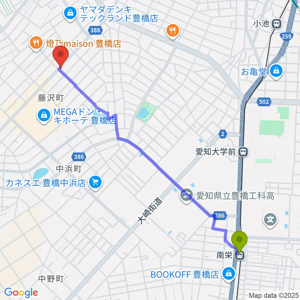 南栄駅からカワイ豊橋ショップへのルートマップ地図